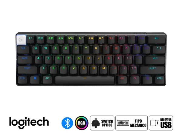 TECLADO GAMER LOGITECH PRO X 60 LED RGB 60%, TECLADO MECÁNICO, LOGITECH GX BROWN, INALÁMBRICO, USB/RF INALÁMBRICO/BLUETOOTH, NEGRO, INGLÉS
