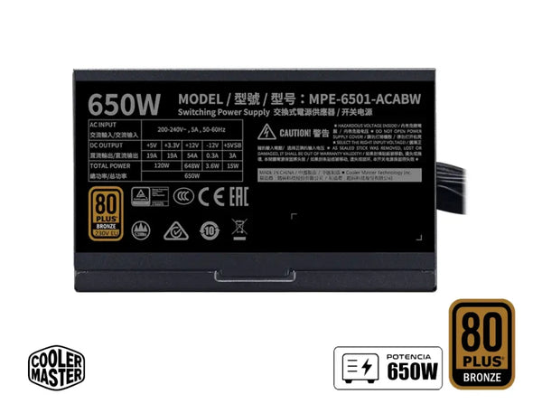 FUENTE COOLER MASTER MWE GOLD 650 - V2 FULL MODULAR 80 PLUS GOLD PARA UNA ALIMENTACIÓN EFICIENTE Y CONFIABLE EN TU PC GAMING O WORKSTATION.