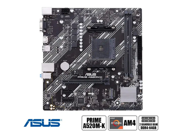 PLACA MADRE ASUS PRIME A520M-K – CHIPSET AMD A520, FORMATO MICRO-ATX, SOCKET AM4, SOPORTE RYZEN, DDR4, PCIE 3.0, USB 3.2, RENDIMIENTO ESTABLE PARA PCS DE ESCRITORIO
