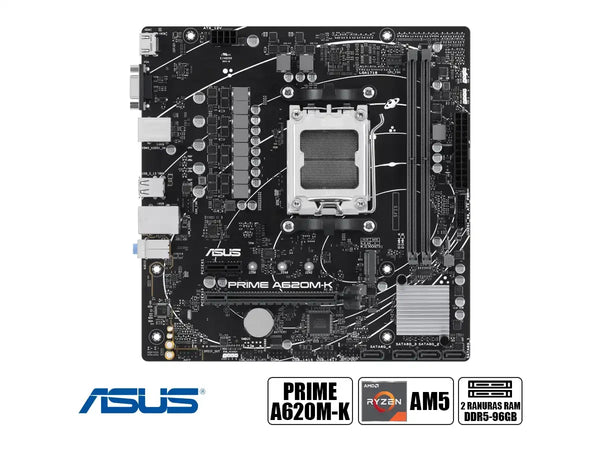 PLACA MADRE ASUS PRIME A620M-K — AM5, MATX, DDR5 HASTA 96 GB, PCIE 4.0, HDMI/VGA, 4× SATA6, 1× M.2, LAN 1GB