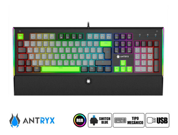 TECLADO MECÁNICO GAMER ANTRYX MK ZIGRA EVO NEGRO Y GRIS BLUE SWITCH CON CABLE USB DISEÑO RESISTENTE Y PRECISO PARA GAMING