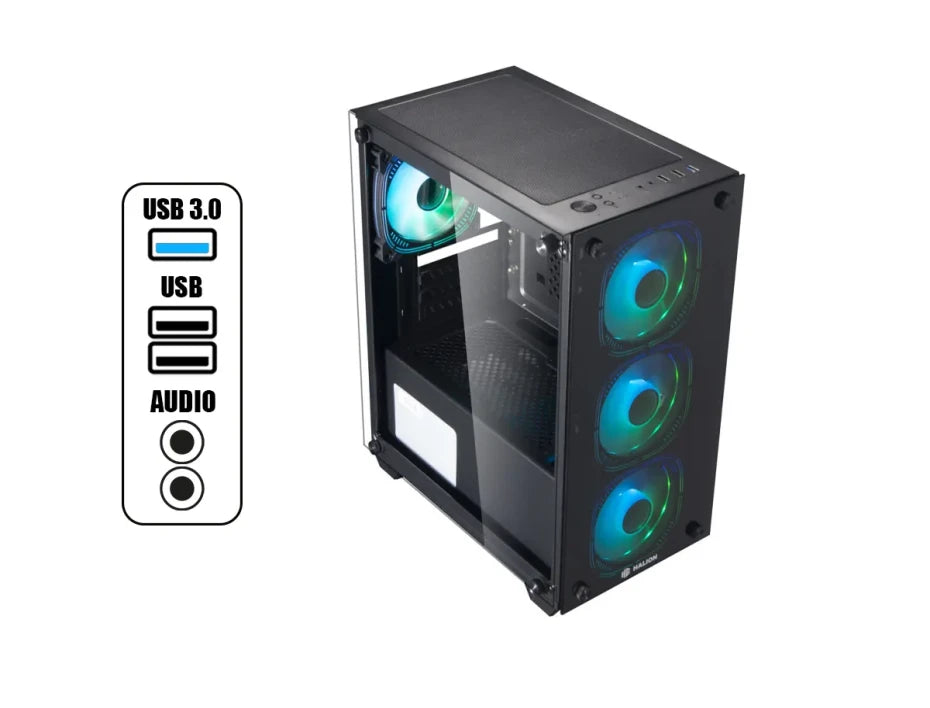 CASE MICRO ATX RAGNAROK 323, FUENTE 550W, 2xUSB 2.0, 1xUSB 3.0, Audio HD, Micrófono HD, 4x12CM LED RGB COOLER, VT frontal y lateral, Medidas: 350 x 190 x 400mm, 3x3.5HDD, 1x2.5SDD interno