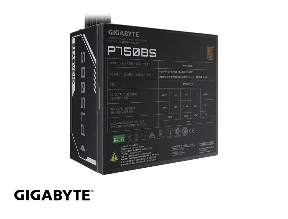 FUENTE DE PODER GIGABYTE P750BS, 750W REAL, CERTIFICACIÓN 80 PLUS BRONZE, VENTILADOR 120MM SILENCIOSO, CABLES PLANOS NEGROS