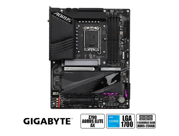 PLACA BASE GIGABYTE Z790-AORUS ELITE AX • CHIPSET INTEL Z790 • COMPATIBLE CON PROCESADORES INTEL CORE SERIE 13/12 • DDR5 HASTA 128GB • PCIE 5.0 • WIFI 6E • LAN 2.5GB • ATX • RGB