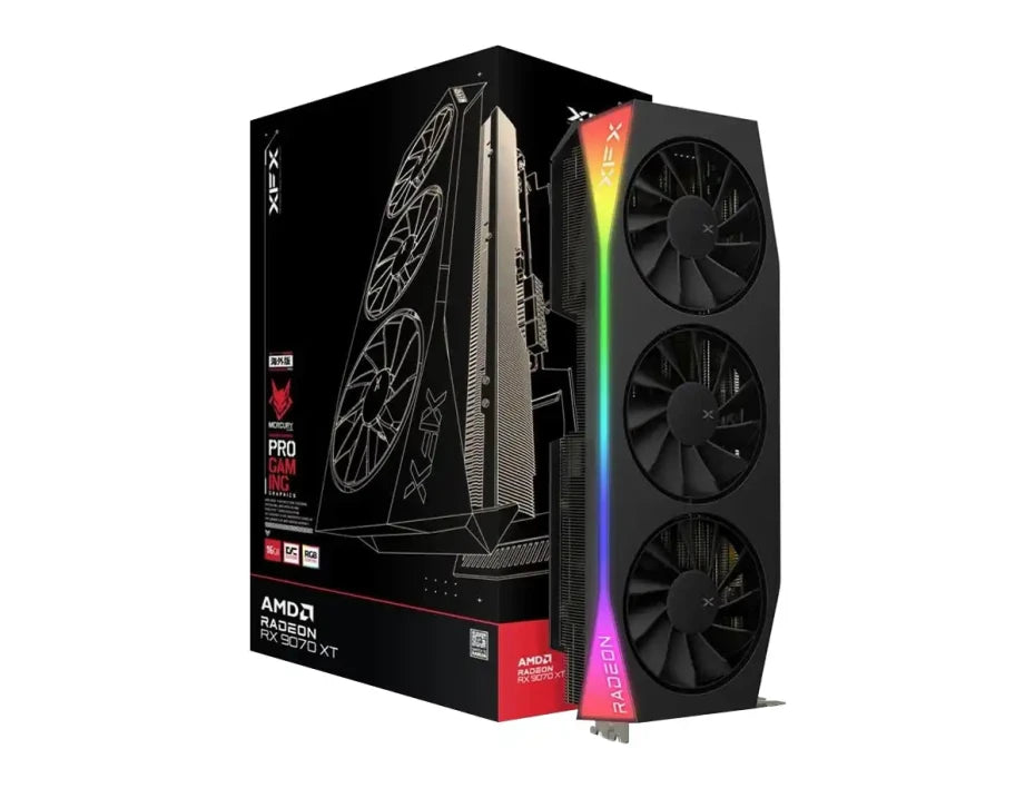XFX Mercury RX‑97TRGBBB9 – Tarjeta gráfica AMD Radeon RX 9070 XT OC Gaming Edition con RGB, 16 GB GDDR6, PCIe 5.0, 256 bit, RDNA 4, boost 3100 MHz, 3×DP 2.1, HDMI 2.1, triple ventilador