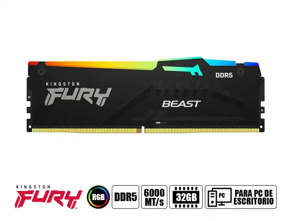 Memoria RAM Kingston FURY BEAST RGB DDR5 DDR5, 6000MHz, 32GB, CL36, XMP/EXPO