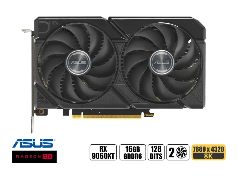 ASUS DUAL RADEON RX 9060 XT 16GB GDDR6 – 2048 STREAM PROCESSORS, HASTA 3250 MHZ BOOST, PCIE 5.0, HDMI 2.1B, DISPLAYPORT 2.1A, DISEÑO COMPACTO DE 2.5 RANURAS