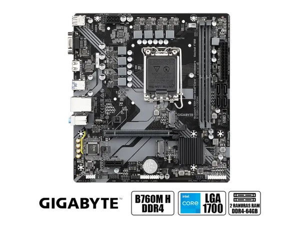 PLACA BASE MSI B760M-H DDR4 • CHIPSET INTEL B760 • COMPATIBLE CON PROCESADORES INTEL CORE SERIE 13/12 • DDR4 HASTA 128GB • PCIE 5.0 • LAN 2.5GB • MICRO-ATX