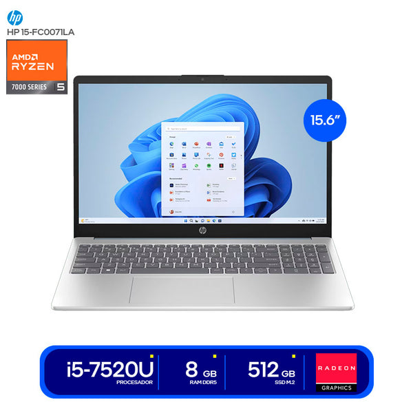 Laptop HP 15-fc0071la A14MXLA#ABM  AMD Ryzen 5 7520U  8GB LPDDR5  SSD 512GB  Pantalla 15.6" FHD Antirreflejo  AMD Radeon Graphics  Windows 11 Home  Wi‑Fi 6 + BT 5.3  Color Azul Claro de Luna
