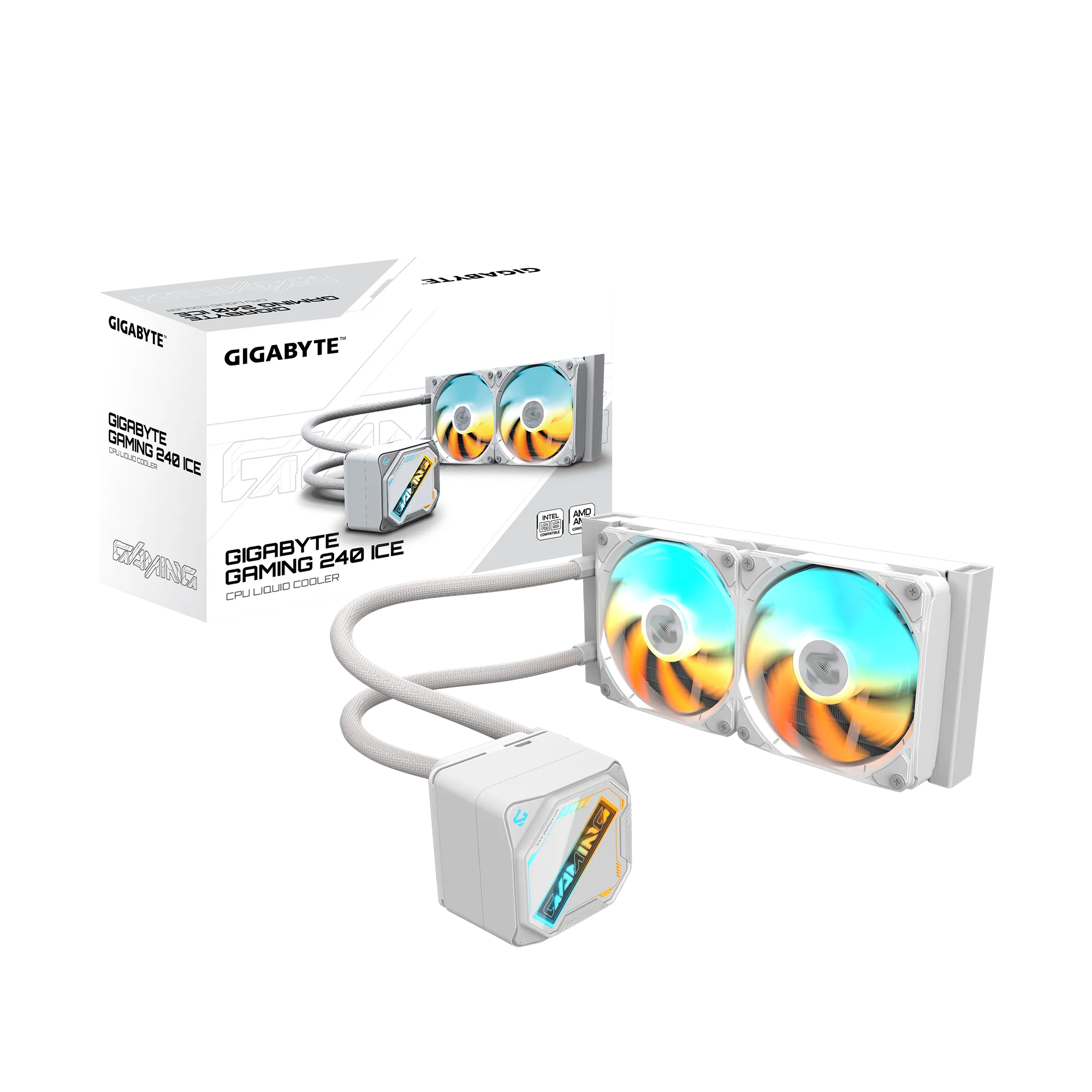 COOLER LÍQUIDO GIGABYTE GME-240I, RADIADOR 240MM, 2 VENTILADORES ARGB 120MM, COMPATIBLE LGA 1851/1700 Y AMD AM5, BLANCO