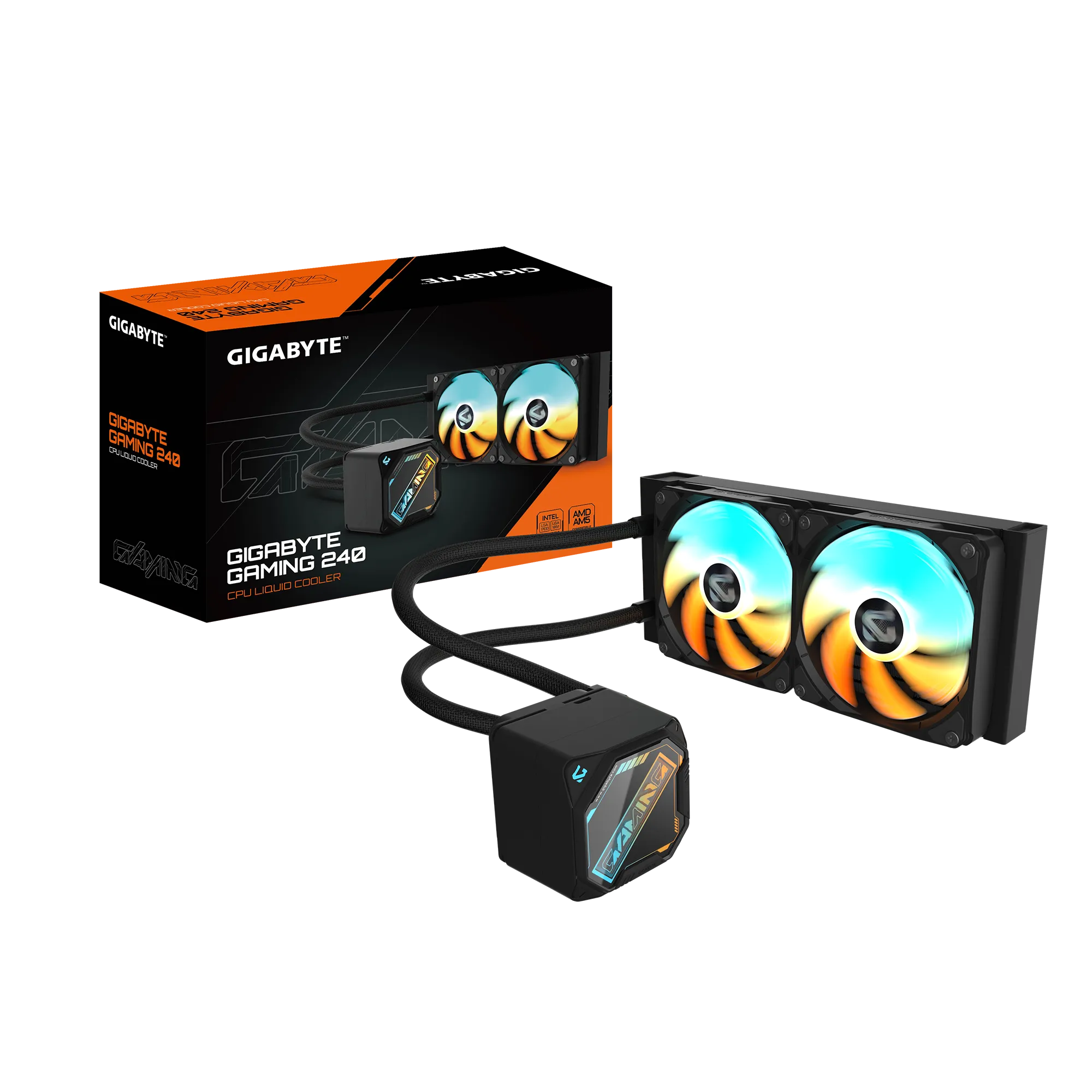 COOLER LÍQUIDO GIGABYTE GME-240, RADIADOR 240MM, 2 VENTILADORES ARGB 120MM, COMPATIBLE LGA 1851/1700 Y AMD AM5, NEGRO