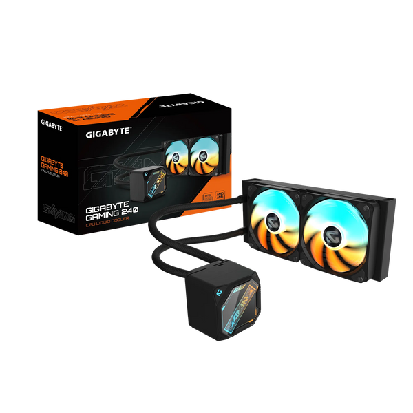 COOLER LÍQUIDO GIGABYTE GME-240, RADIADOR 240MM, 2 VENTILADORES ARGB 120MM, COMPATIBLE LGA 1851/1700 Y AMD AM5, NEGRO