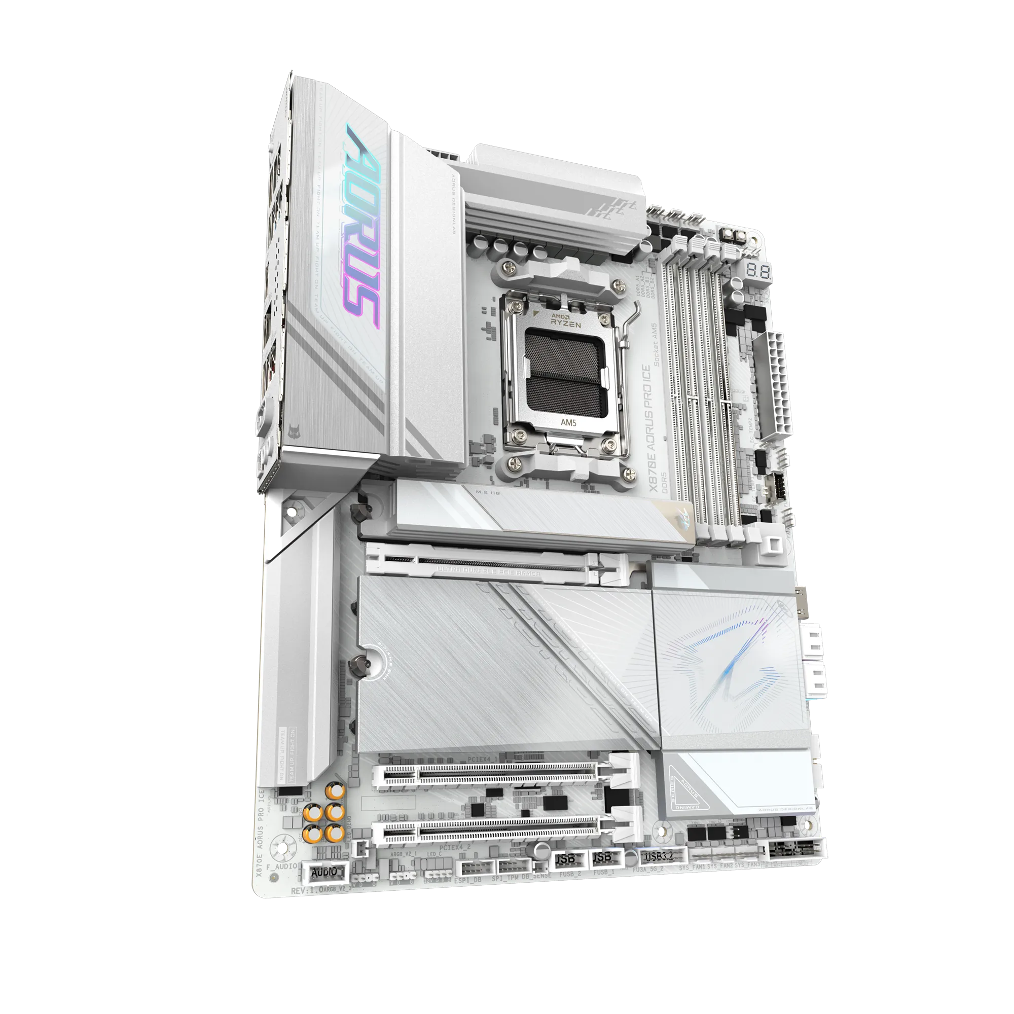 PLACA BASE GIGABYTE X870E AORUS PRO ICE • CHIPSET AMD X870 • COMPATIBLE CON PROCESADORES RYZEN SERIE 7000/8000 • DDR5 HASTA 128GB • PCIE 5.0 • WIFI 7 • LAN 10GB • ATX • RGB