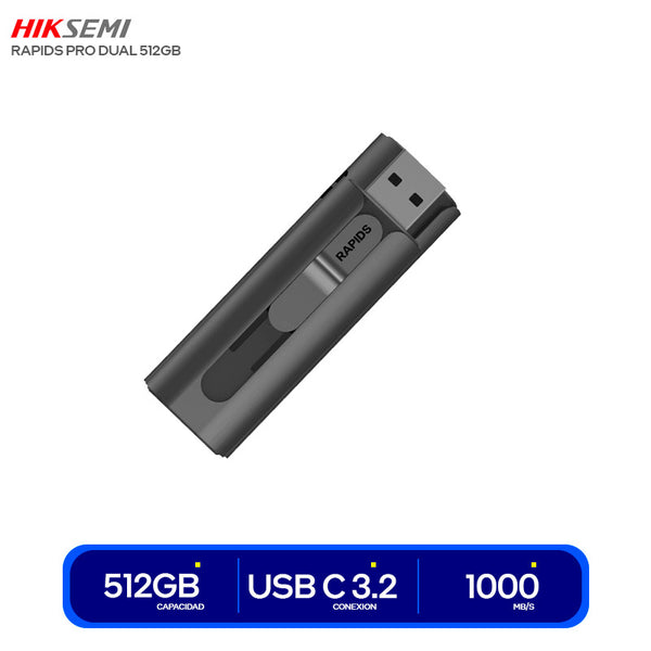 MEMORIA USB HIKSEMI RAPIDS PRO DUAL 512GB – SSD PORTÁTIL USB 3.2 GEN 2, VELOCIDAD DE HASTA 1000MB/S, CONECTIVIDAD USB-C Y USB-A, COMPATIBLE CON IPHONE 15/16, MAC, PC Y ANDROID