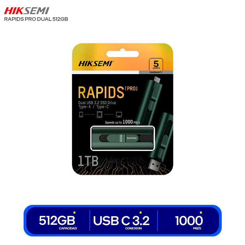 MEMORIA USB HIKSEMI RAPIDS PRO DUAL 512GB – SSD PORTÁTIL USB 3.2 GEN 2, VELOCIDAD DE HASTA 1000MB/S, CONECTIVIDAD USB-C Y USB-A, COMPATIBLE CON IPHONE 15/16, MAC, PC Y ANDROID