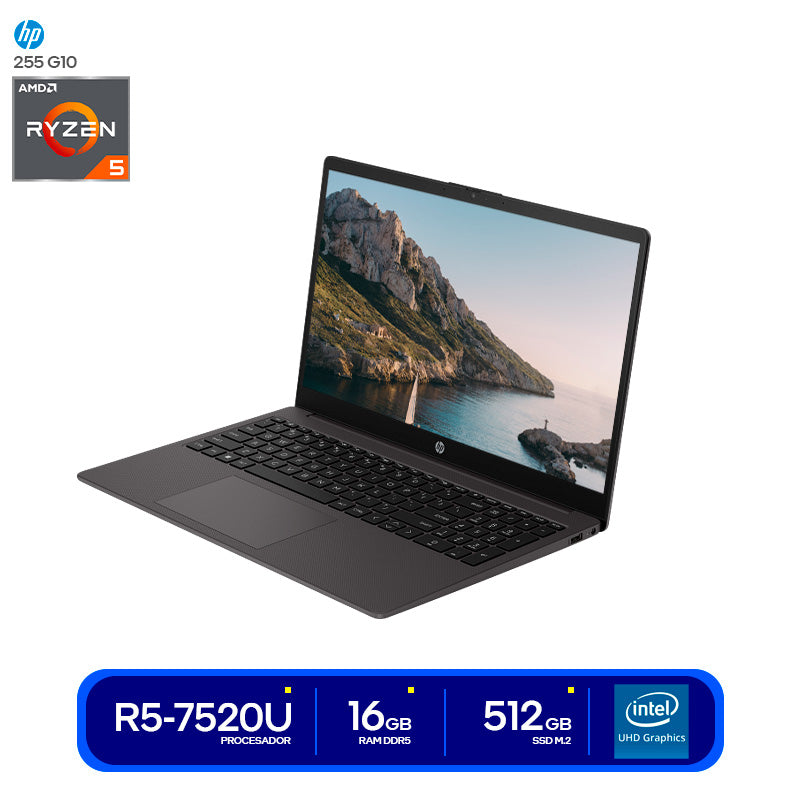 NOTEBOOK HP 255 G10, 15.6" LCD LED HD SVA, AMD RYZEN 5 7520U 2.8 / 4.3GHZ, 16GB RAM