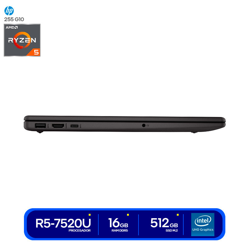 NOTEBOOK HP 255 G10, 15.6" LCD LED HD SVA, AMD RYZEN 5 7520U 2.8 / 4.3GHZ, 16GB RAM