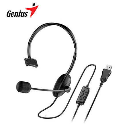AURICULAR GENIUS HS-100U, MONO USB, CON MICROFONO, CONEXION A CABLE, CONTROL DE VOLUMEN, ALMOHADILLAS SUAVES, COLOR GRIS (31710027400)