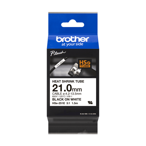 BROTHER HSE221E – TUBO TERMO-RETRÁCTIL 23,6 MM X 1,5 M • NEGRO SOBRE BLANCO • CASSETTE PARA P-TOUCH (RATIO 3:1) LEES CABLES 1,6-5,4 MM