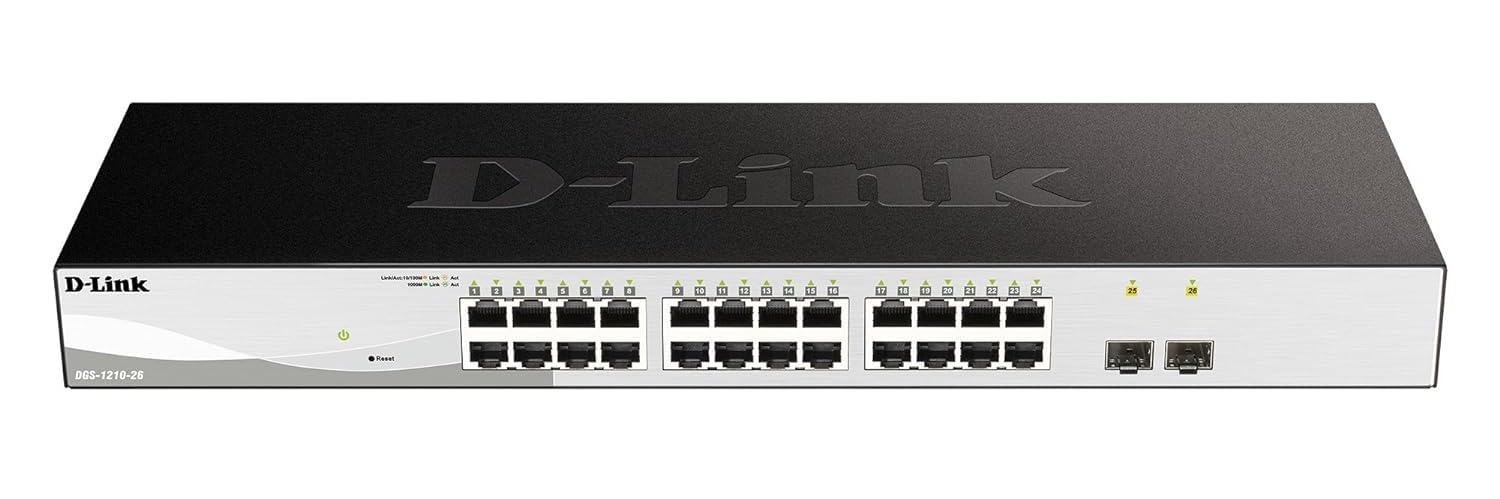Switch D-Link DGS-1210-26  24 Puertos Gigabit + 2 SFP  Smart Managed L2/L3  52Gbps Switching  Static Routing  IPv6 Ready  Modo Vigilancia  Montaje en Rack  Eficiencia Energética D-Link Gree