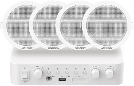 Kit de audio Hikvision DS-QAE0KA60206-4 con amplificador y cuatro parlantes