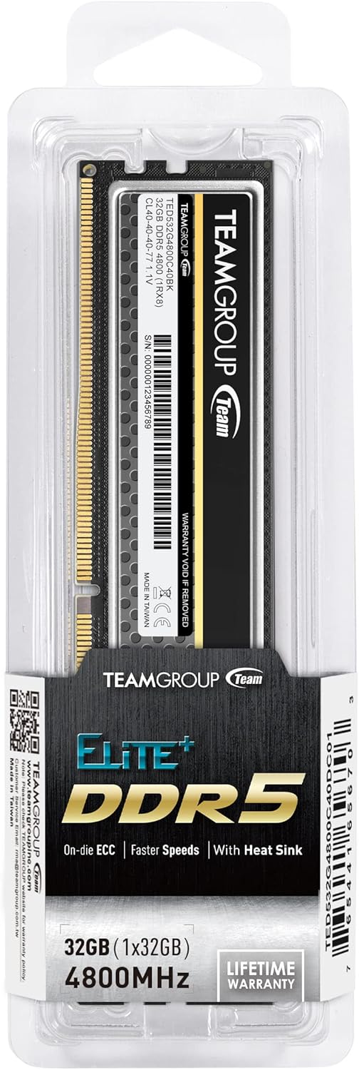 TEAMGROUP Elite Plus DDR5 32GB 4800MHz PC5-38400 CL40 sin búfer sin ECC 1.1V UDIMM 288 Pin Módulo de memoria de escritorio Ram (negro) - TPBD532G4800HC4001