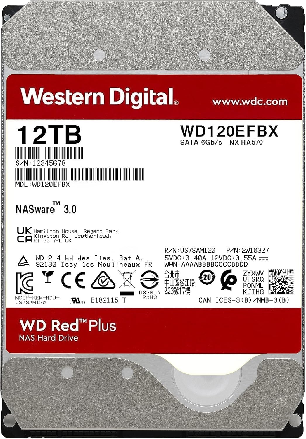 DISCO DURO WD RED PLUS 12TB SATA 3.5" CACHE 256MB PARA NAS DE ALTO RENDIMIENTO WD120EFGX