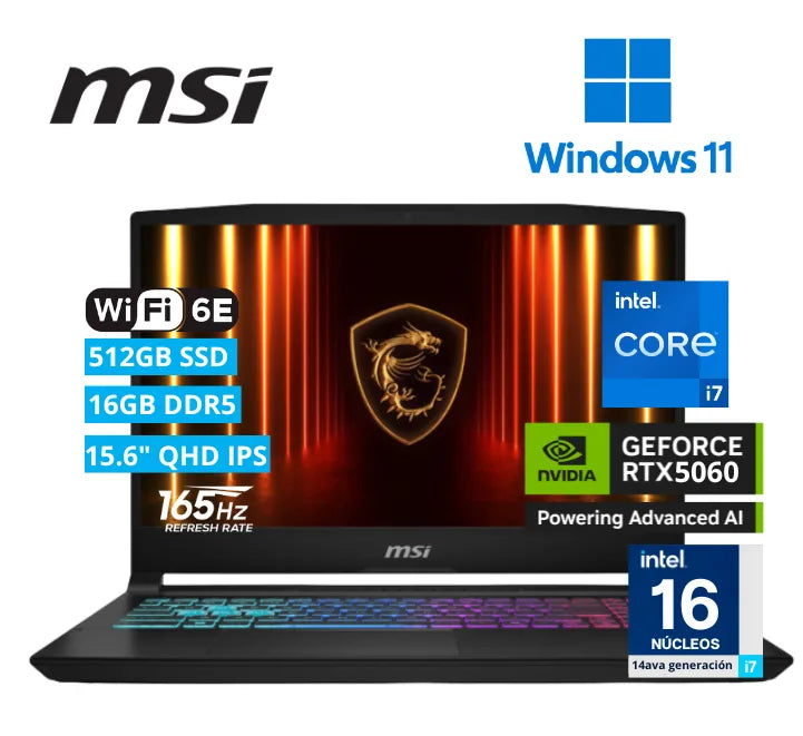 LAPTOP GAMER MSI KATANA 15 HX B14WFK – 15.6" QHD 165HZ, INTEL CORE I7-14650HX, NVIDIA RTX 5060 8GB GDDR7, 16GB DDR5, 512GB SSD, WINDOWS 11