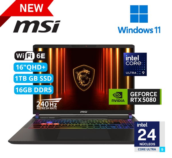 MSI VECTOR 16 HX AI A2XWIG - INTEL CU 9 275HX - RAM 16GB DDR5 - 1TB SSD - NVIDIA RTX5080 16GB - WIN11 - IPS - 16IN QHD - GRAY - GARANTIA 2YEARS CARRY IN