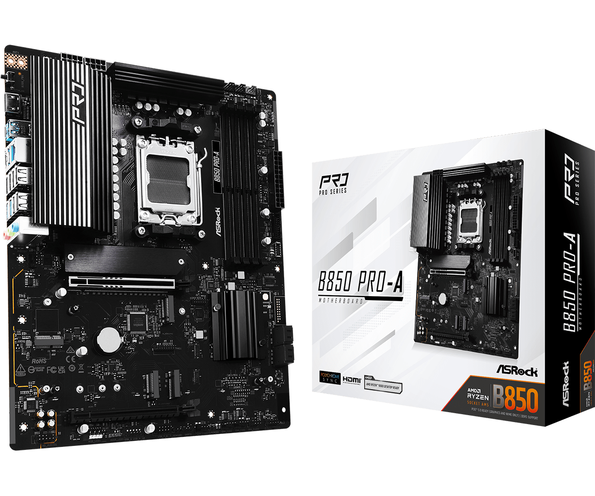 MOTHERBOARD ASROCK B850 PRO-A, CHIPSET AMD B850, SOCKET AM5, FORMATO ATX, COMPATIBLE CON PROCESADORES AMD