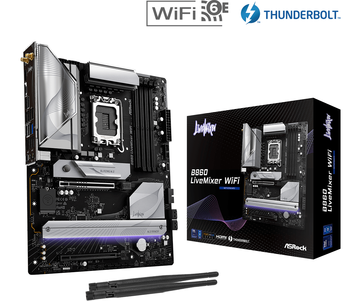 MOTHERBOARD ASROCK B860 LIVEMIXER WIFI, CHIPSET INTEL B860, LGA 1851, HDMI, ATX, COMPATIBLE CON RED WIFI INTEGRADA