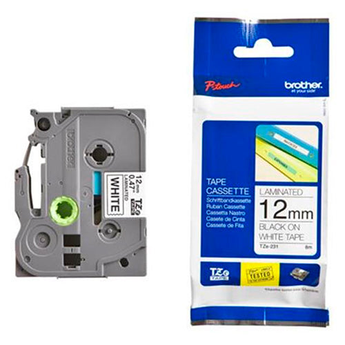 CINTA BROTHER TZE231 NEGRO EN BLANCO, 12MM X 8M