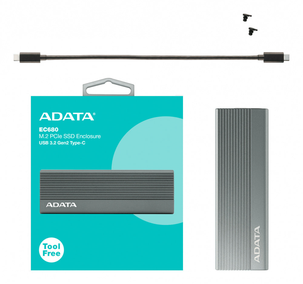 ADATA EC680-CCGY: CARCASA EXTERNA M.2 NVME USB-C 3.2 GEN2 (10 GBPS), ALUMINIO GRIS, MÓDULOS 2230-2280, INSTALACIÓN SIN TORNILLOS, HASTA 1.050 MB/S LECTURA / 1.000 MB/S ESCRITURA
