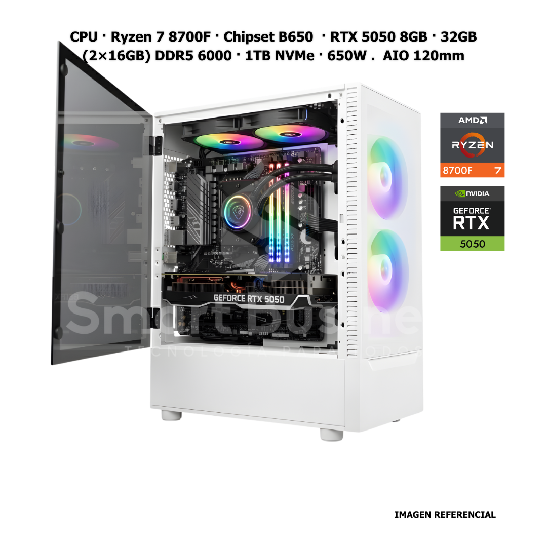 CPU · Ryzen 7 8700F · Chipset B650 · RTX 5050 8GB · 32GB (2×16GB) DDR5 6000 · 1TB NVMe · 650W .  AIO 120mm