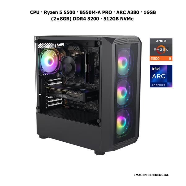 CPU · Ryzen 5 5500 · B550M-A PRO · ARC A380 · 16GB (2×8GB) DDR4 3200 · 512GB NVMe Legend 710