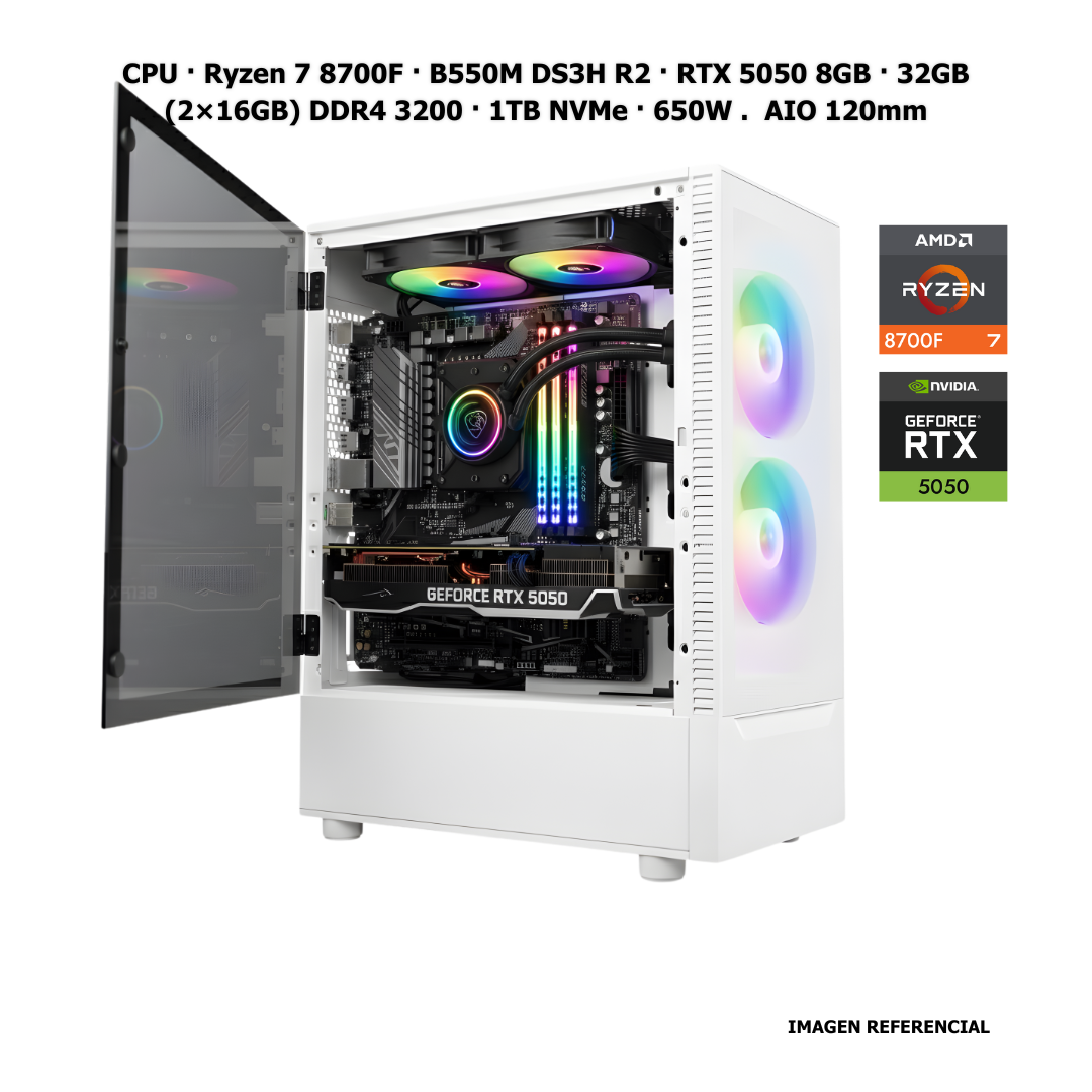 Workstation · CPU · Ryzen 7 8700F · B550M DS3H R2 · RTX 5050 8GB · 32GB (2×16GB) DDR4 3200 · 1TB NVMe · 650W .  AIO 120mm
