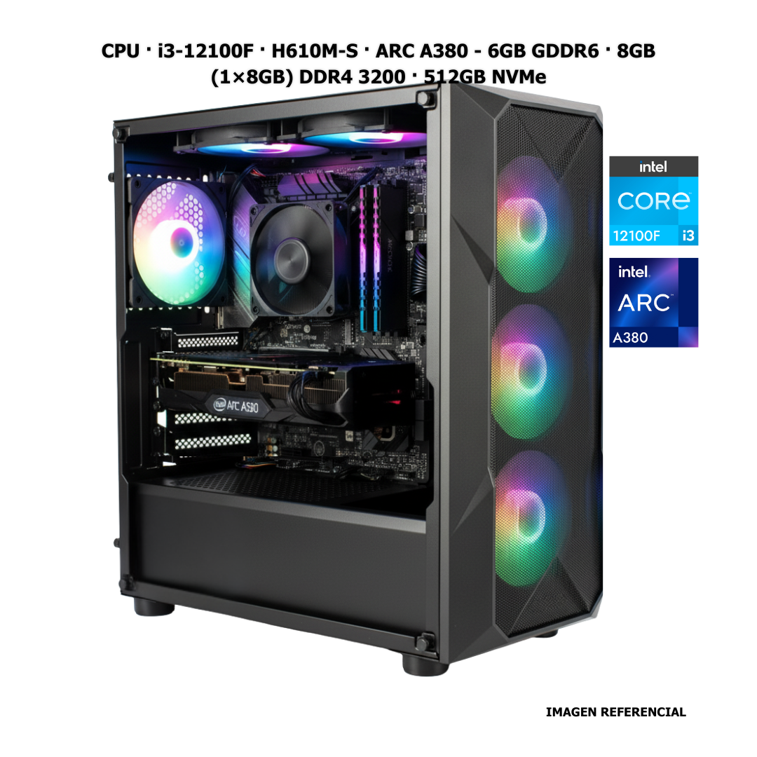 CPU · Core i3-12100F · H610M-S · ARC A380 - 6GB GDDR6 · 16GB (2×8GB) DDR4 3200 · 512GB NVMe