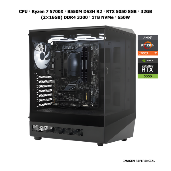 Workstation · CPU · Ryzen 7 5700X · B550M DS3H R2 · RTX 5050 8GB · 32GB (2×16GB) DDR4 3200 · 1TB NVMe · 650W