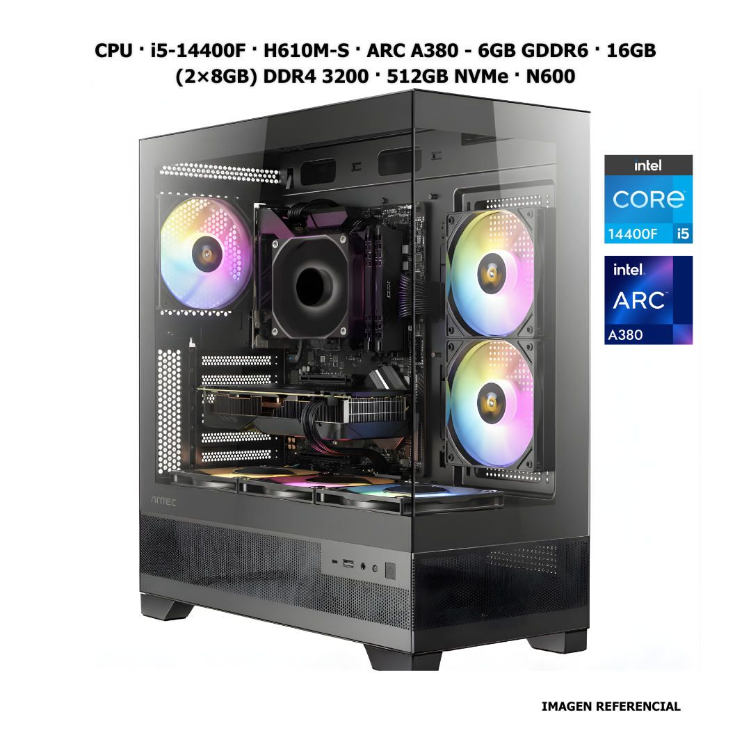 CPU · i5-14400F · H610M-S · ARC A380 - 6GB GDDR6 · 16GB (2×8GB) DDR4 3200 · 512GB NVMe LEGEND 710 · N600 FR A/USCPU · i5-14400F · H610M-S · ARC A380 - 6GB GDDR6 · 16GB (2×8GB) DDR4 3200 · 512GB NVMe · N600