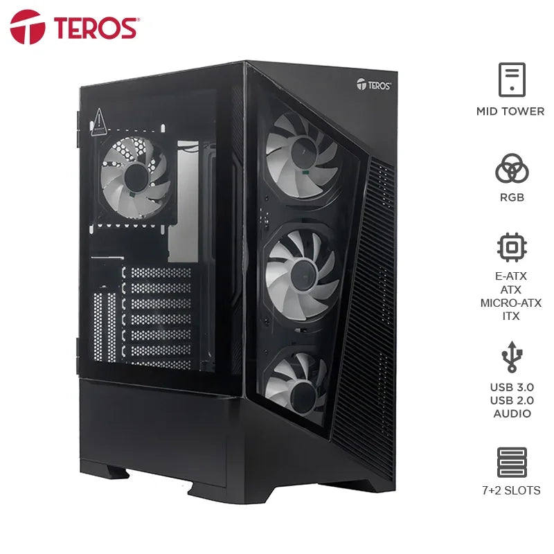 Gabinete sin Fuente gamer Teros TE-1330G, Mid Tower, E-ATX / ATX / Micro-ATX / IT, USB-A, Audio