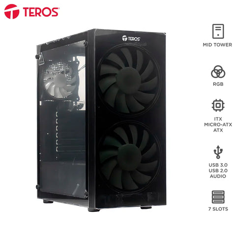 Gabinete sin Fuente gamer Teros TE-1333G, Mid Tower, ATX / Micro-ATX / ITX, USB-A, Audio
