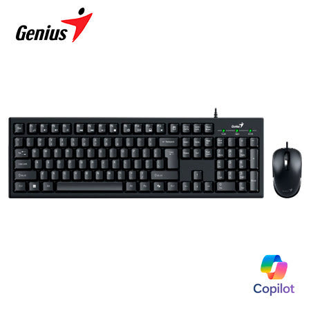 GENIUS KM‑100SE COMBO TECLADO USB ANTI-SPILL CON TECLA COPILOT + MOUSE ÓPTICO 1200 DPI NEGRO