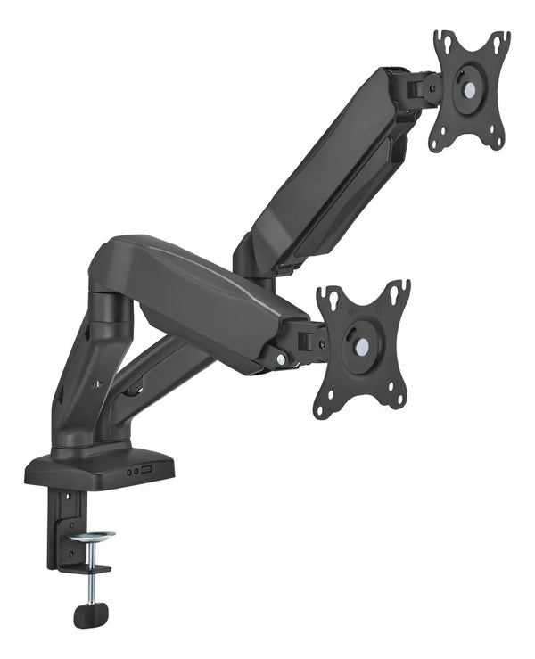 SOPORTE ERGONÓMICO DOBLE PARA MONITORES DE 17″ A 32″, AJUSTABLE DE 2KG A 9KG, CON BASE TIPO RACK, IDEAL PARA SETUP TECNOLÓGICO, OFICINA Y GAMING.