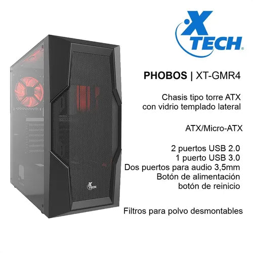 CASE MID TOWER GAMER XTECH PHOBOS XT-GMR4 DISEÑO MODERNO Y COMPATIBLE CON MOTHERBOARDS ATX MICRO ATX MINI ITX