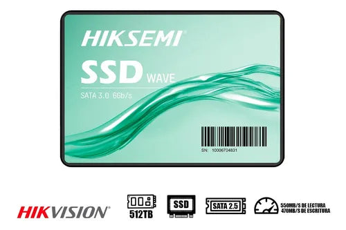 SSD HIKSEMI WAVE S 512GB – 2.5” SATA III, 530MB/S LECTURA, 450MB/S ESCRITURA, 3D NAND, 170TBW, MTBF 1.5M HORAS, IDEAL PARA PC Y LAPTOPS