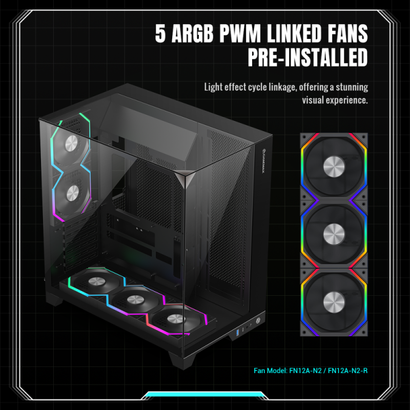 CASE ATX INFINITY PRO, sin Fuente, 1xUSB 3.0, Audio & Mic TRRS, 1xUSB-Tipo C, 5x120mm ARGB COOLER, Vidrio Templado Superior, Frontal y Lateral, Medidas: 418 x 272 x 454mm, 1x3.5HDD + 3x2.5SDD interno