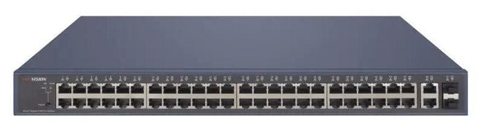 Switch Administrable Hikvision DS-3E1552P-SI(O-STD)  48 Puertos Gigabit PoE+  2 RJ45 + 2 SFP  Presupuesto PoE 470W  VLAN, QoS, STP, SNMP  Montaje en Rack  Protección 6KV  Largo Alcance hasta 300m