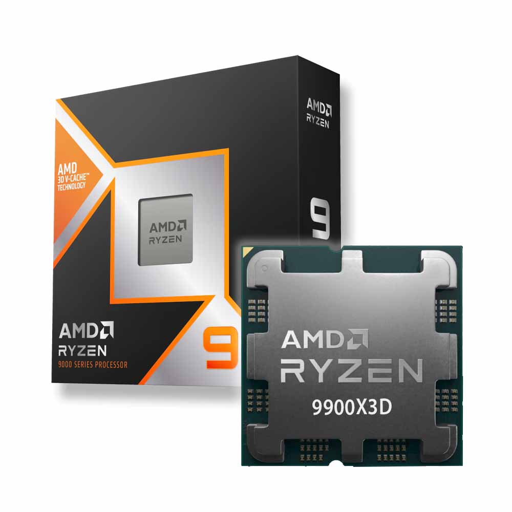 Procesador AMD Ryzen 9 9900X3D 100-100001368WOF vista superior del procesador junto a su caja comercial