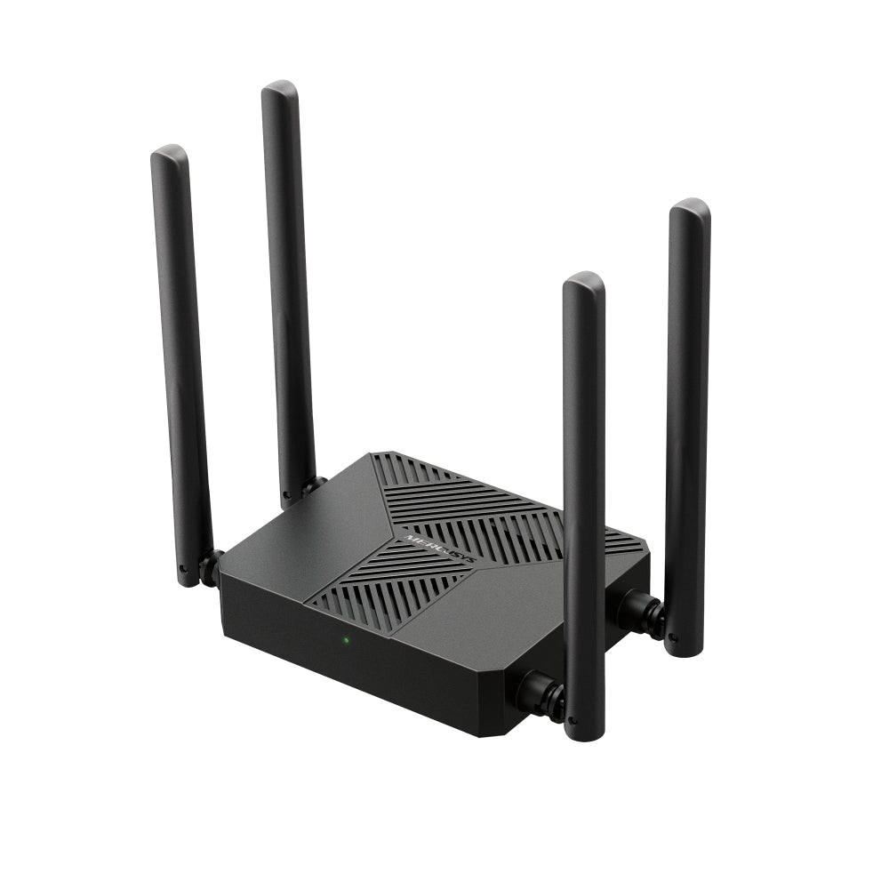 Router Mercusys MR62X Wi-Fi 6 AX1500 negro con cuatro antenas, vista en perspectiva
