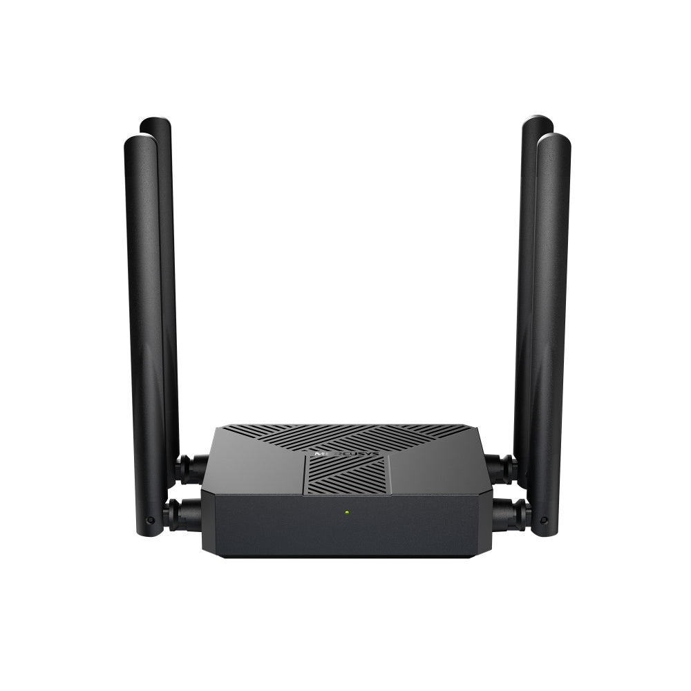 Vista frontal del router Mercusys MR62X con cuatro antenas e indicador luminoso